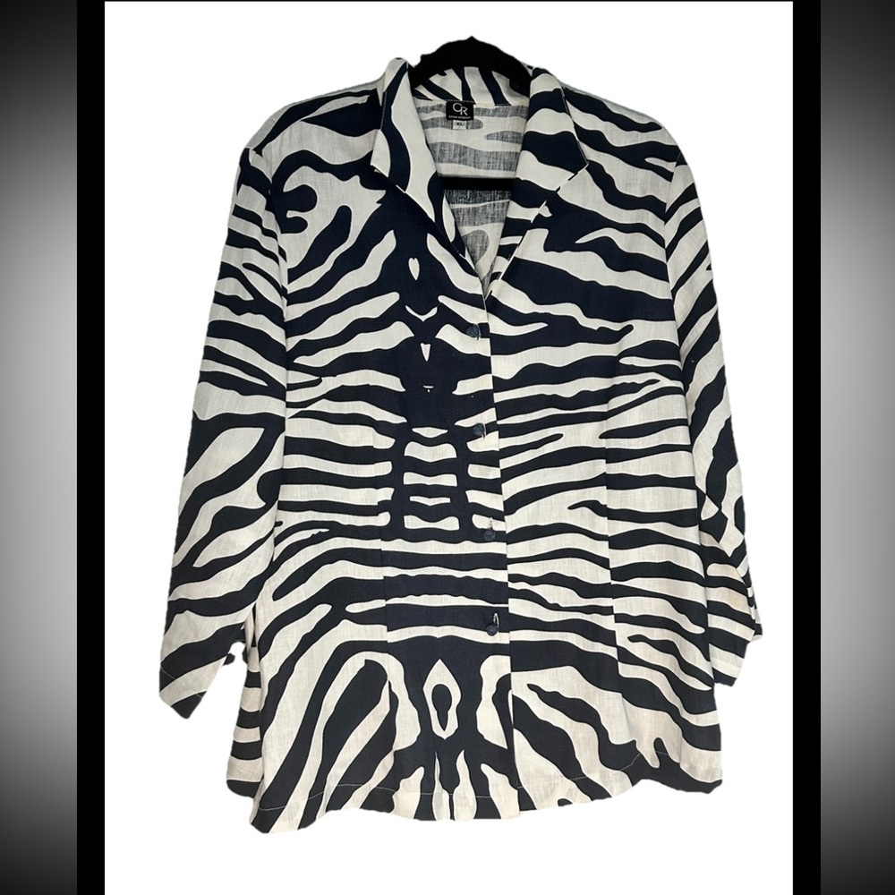 CONNIE ROBERSON Navy White Zebra Linen Knotted Buttons Tunic Blazer Sz XL